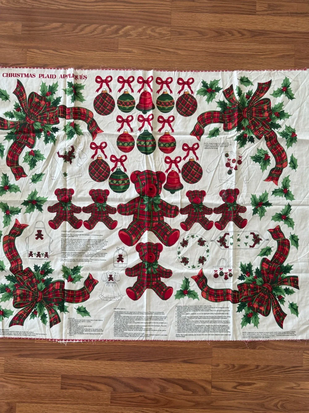 Christmas Plaid Appliqué Fabric Panel - Red & Green Holiday Bears and Bows